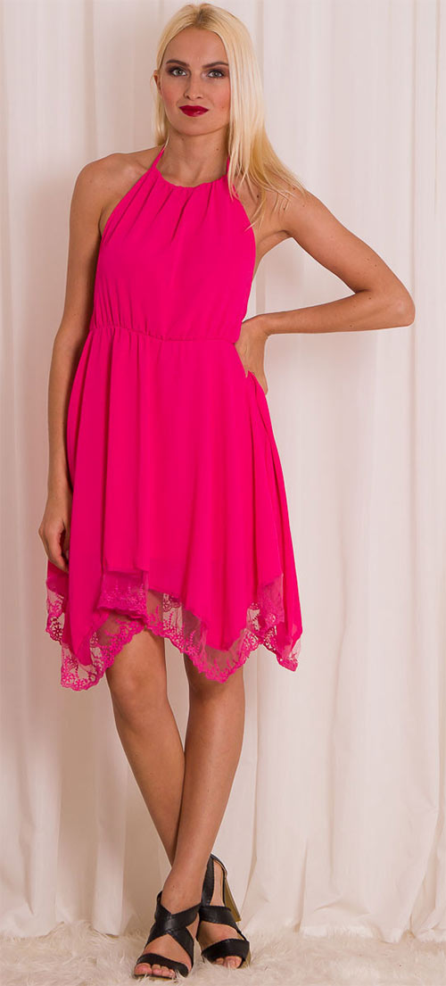 Růžové dámské letní šaty s vázáním za krk a holými zády