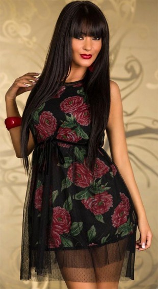 Letní dámské šaty bez rukávu - černé s květy