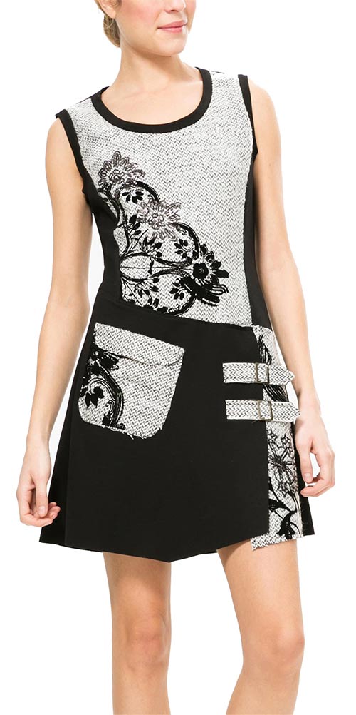 Elegantní dámské šaty Desigual v černo-bílém provedení s úpletovými motivy