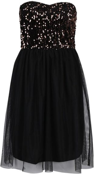 Černé plesové šaty bez ramínek s tylovou sukní a flitry