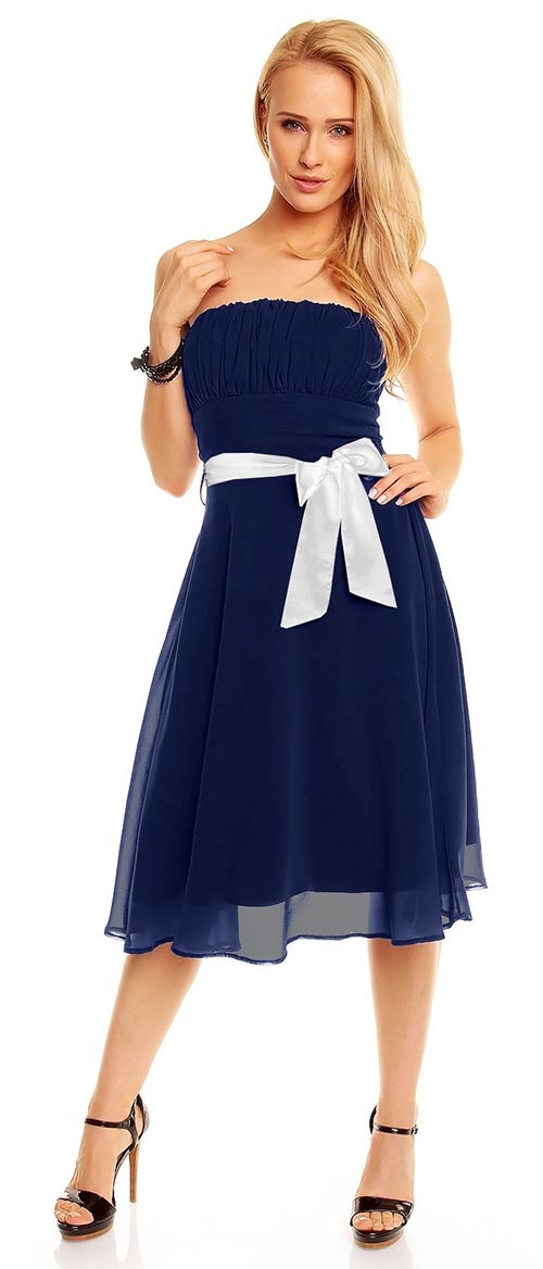 Modré korzetové šaty s mašlí a šifonovou sukní