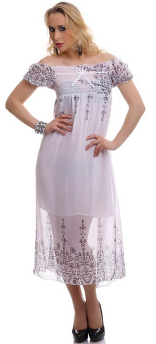 Bílé dlouhé letní šaty s průsvitnou sukní