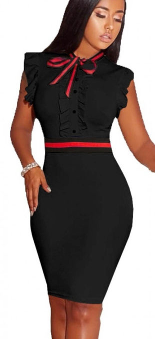 Elegantní černé šaty s červenou mašlí pod krkem