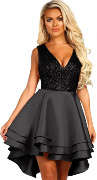 Černé plesové šaty s flitrovým topem a širokou vrstvenou sukní