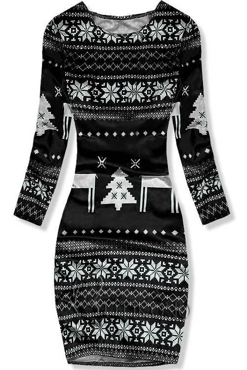 Černobílé zimní sametové šaty s vánočním motivem
