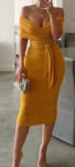 Žluté společenské midi šaty s odhalenými rameny