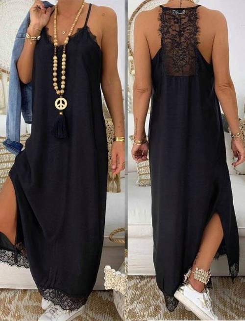 Dlouhé černé dámské šaty s krajkovou aplikací na zádech