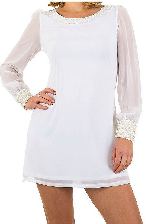 Kraťoučké bílé šaty s dlouhými poloprůhlednými rukávy