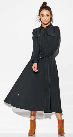 Dlouhé černé dámské šaty s knoflíky a náprsními kapsami