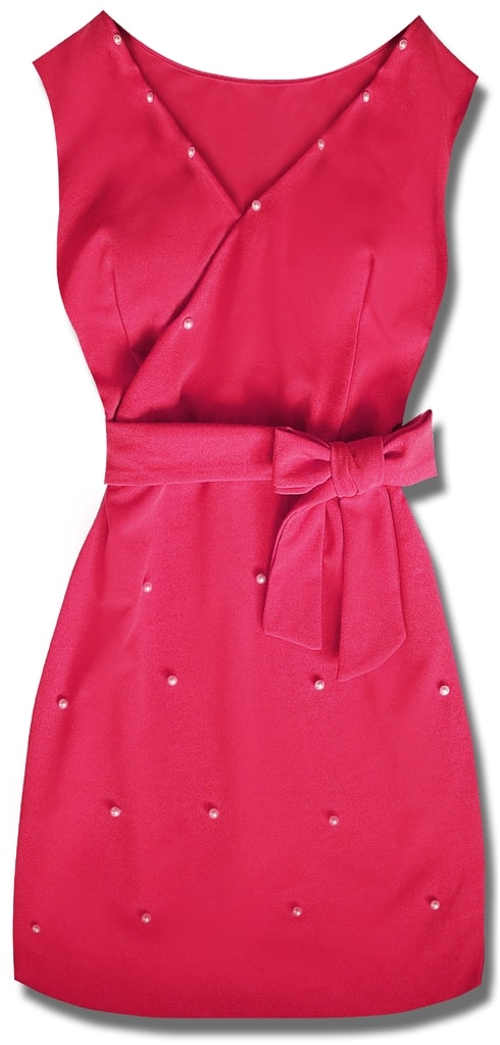 Růžové dámské šaty s ozdobnými korálky a zavazováním v pase