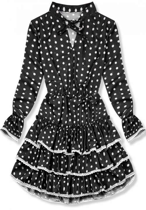 Černé puntíkaté šaty s volánovou sukni a dlouhými rukávy