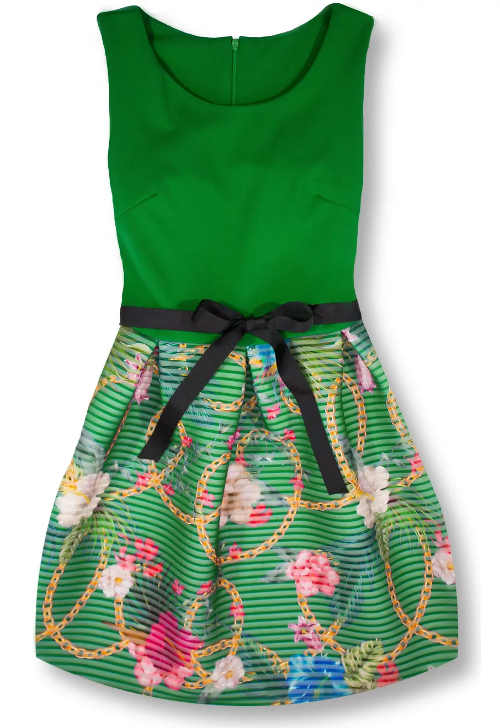 Zelené dámské šaty bez rukávů s květinovou sukni