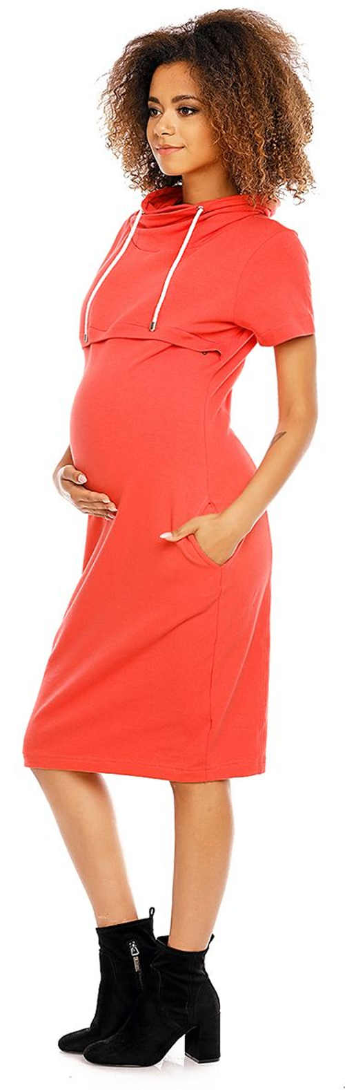 Oranžové těhotenské šaty s délkou pod kolena a krátkým rukávem