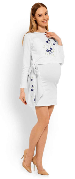 Bílé těhotenské šaty nad kolena s květinovou výšivkou