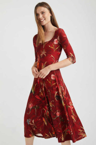 Červené midi šaty Desigual s květinovým potiskem