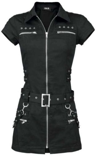 Krátké černé šaty s kapsami a se zdobnými kovovými cvoky