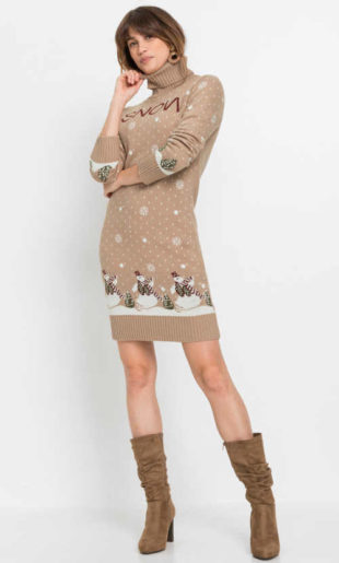 Pletené šaty s rolákovým límcem a tematickým zimním motivem