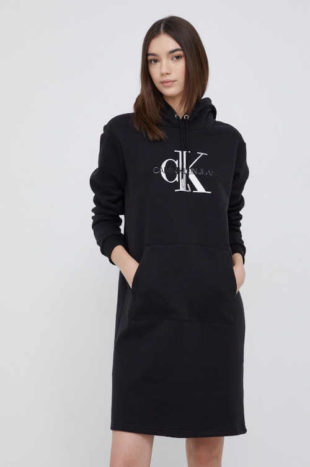 Mikinové šaty Calvin Klein s kapucí a dlouhými rukávy