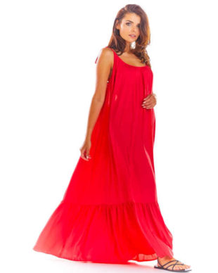 Maxi šaty na úzká ramínka v červeném provedení s volánem