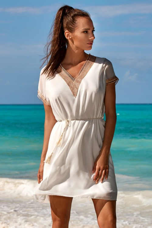Luxusní plážové šaty zdobené krajkou na zavazování v pase