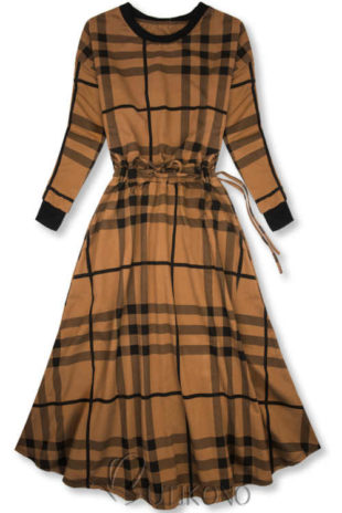Maxi dámské šaty v kostkovaném vzoru na stažení v pase