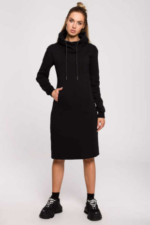 Komfortní černé mikinové šaty s dlouhým rukávem a klokaní kapsou