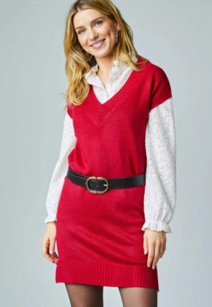 Červené svetrové pletené šaty bez rukávů v jednobarevném provedení