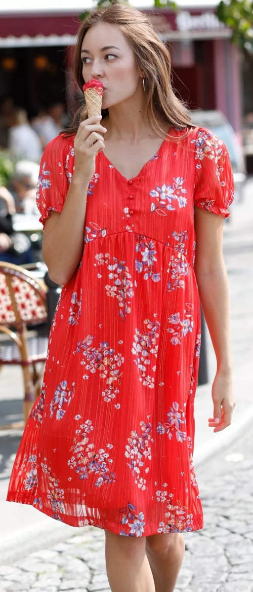 Volné letní červené šaty pro plnoštíhlé s potiskem květin