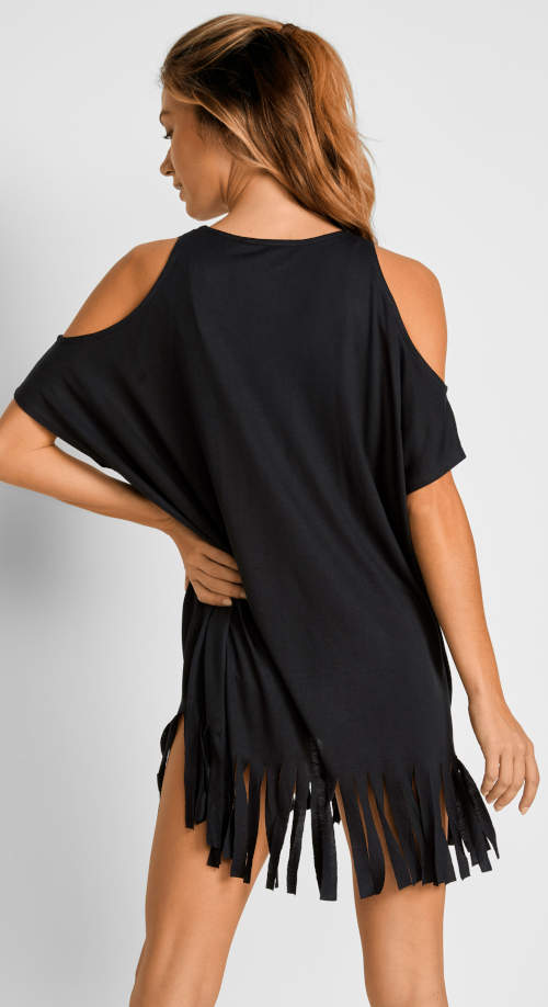 Černé plážové šaty s odhalenými rameny