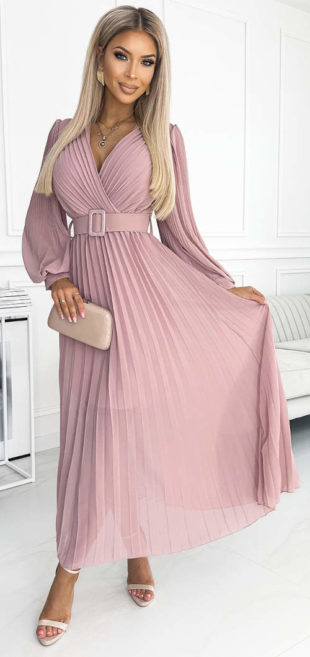 Růžové společenské boho šaty s širokou plisovanou sukní