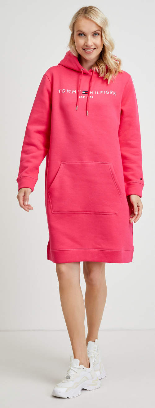 Růžové dámské mikinové šaty s kapucí Tommy Hilfiger