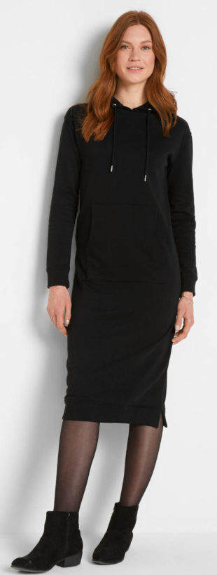 Dlouhé černé plus size mikinové šaty s kapucí