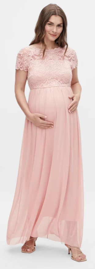 Dlouhé těhotenské růžové krajkové šaty na svatbu