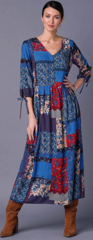 Podzimní dámské maxi šaty pro plnoštíhlé v patchwork designu