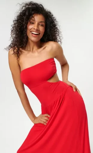 Sexy červené bezramínkové dlouhé letní šaty