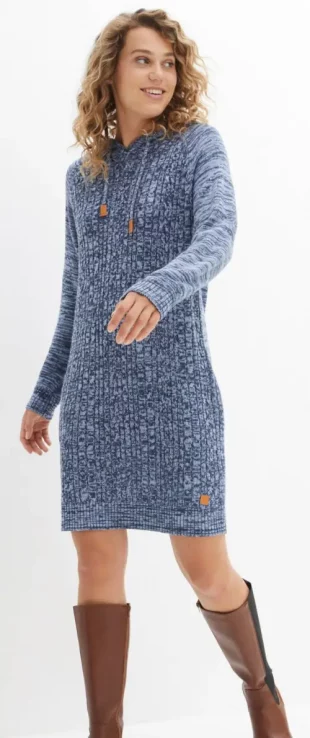 Levné modré pletené zimní šaty s kapuci